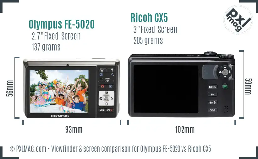 Olympus FE-5020 vs Ricoh CX5 Screen and Viewfinder comparison