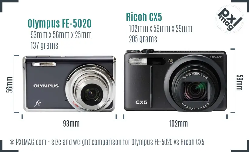 Olympus FE-5020 vs Ricoh CX5 size comparison