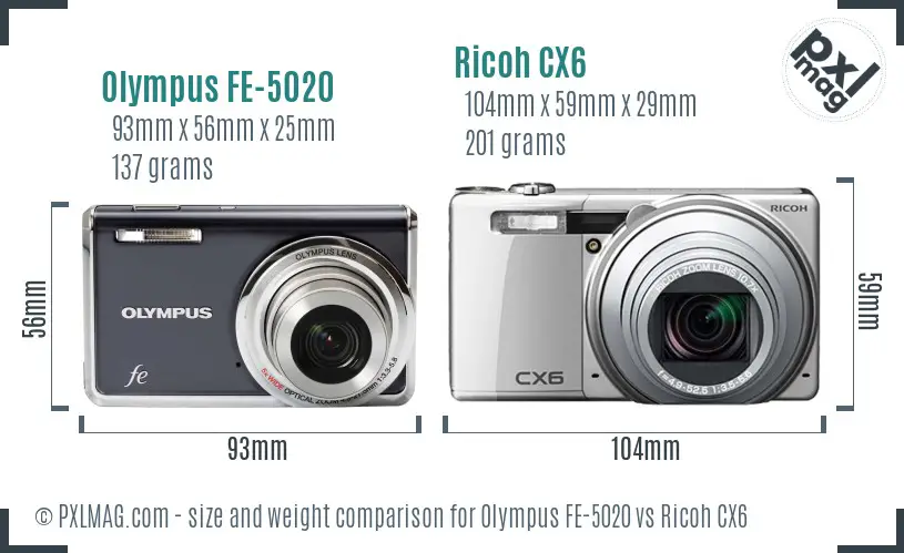 Olympus FE-5020 vs Ricoh CX6 size comparison