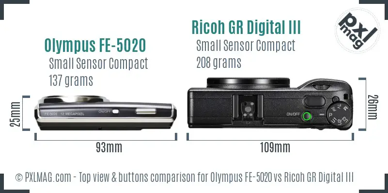 Olympus FE-5020 vs Ricoh GR Digital III top view buttons comparison