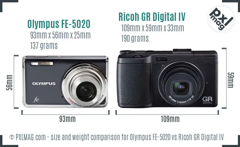 Olympus FE-5020 vs Ricoh GR Digital IV size comparison
