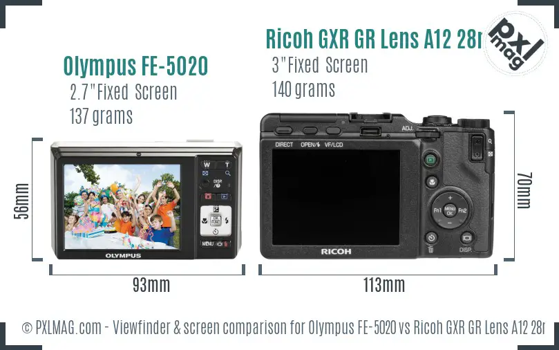 Olympus FE-5020 vs Ricoh GXR GR Lens A12 28mm F2.5 Screen and Viewfinder comparison