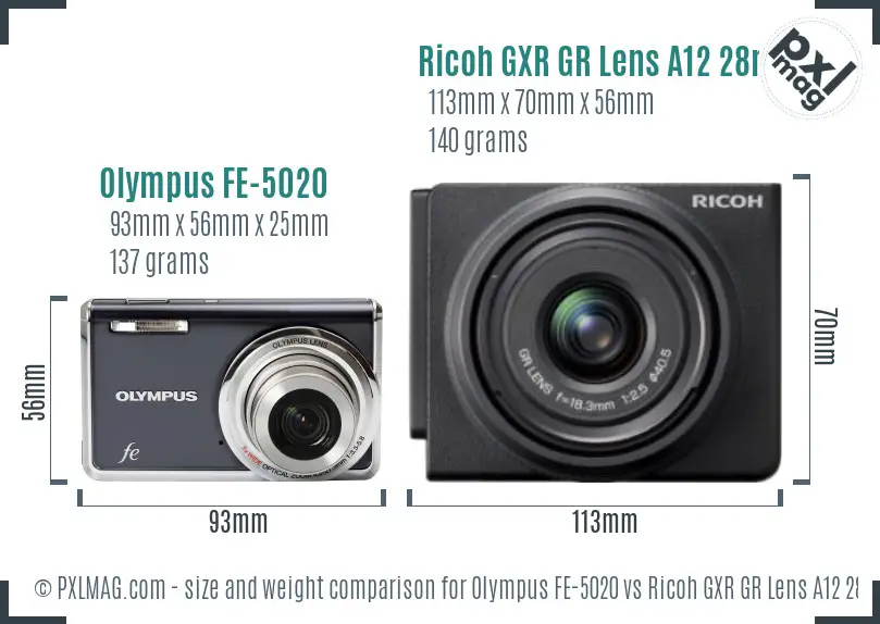 Olympus FE-5020 vs Ricoh GXR GR Lens A12 28mm F2.5 size comparison