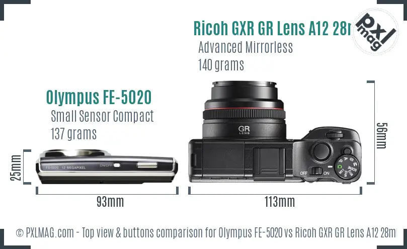 Olympus FE-5020 vs Ricoh GXR GR Lens A12 28mm F2.5 top view buttons comparison