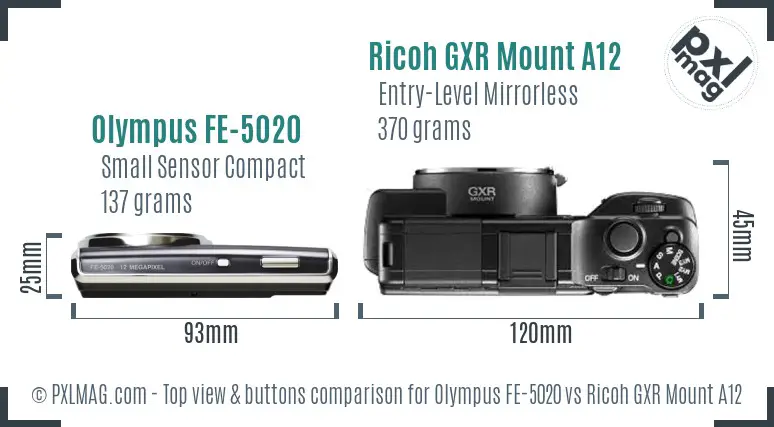 Olympus FE-5020 vs Ricoh GXR Mount A12 top view buttons comparison