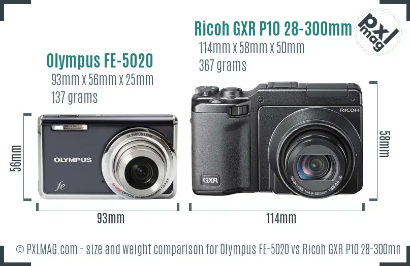 Olympus FE-5020 vs Ricoh GXR P10 28-300mm F3.5-5.6 VC size comparison