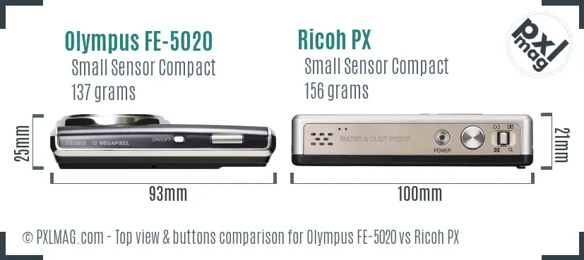 Olympus FE-5020 vs Ricoh PX top view buttons comparison Olympus FE-5020 vs Ricoh PX top view buttons comparison