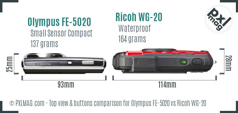 Olympus FE-5020 vs Ricoh WG-20 top view buttons comparison Olympus FE-5020 vs Ricoh WG-20 top view buttons comparison