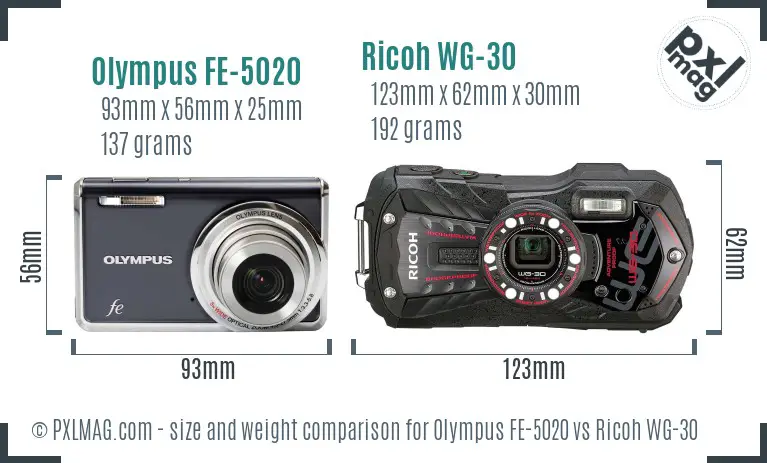 Olympus FE-5020 vs Ricoh WG-30 size comparison