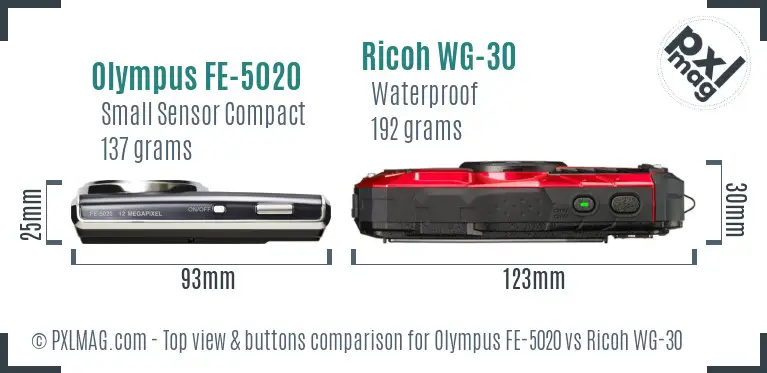 Olympus FE-5020 vs Ricoh WG-30 top view buttons comparison