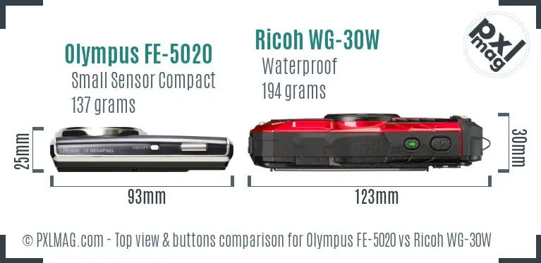 Olympus FE-5020 vs Ricoh WG-30W top view buttons comparison Olympus FE-5020 vs Ricoh WG-30W top view buttons comparison