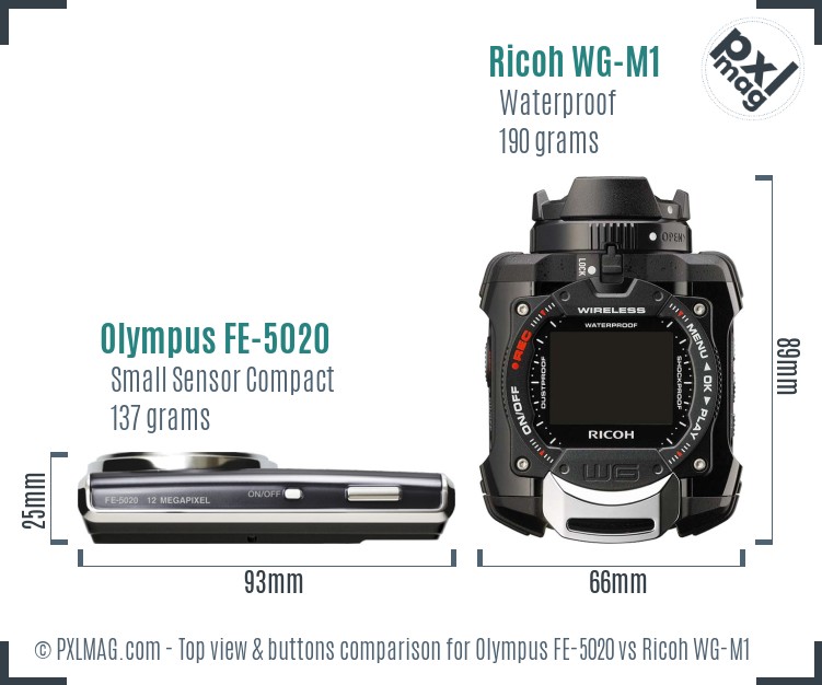 Olympus FE-5020 vs Ricoh WG-M1 top view buttons comparison
