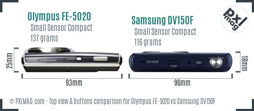 Olympus FE-5020 vs Samsung DV150F top view buttons comparison Olympus FE-5020 vs Samsung DV150F top view buttons comparison