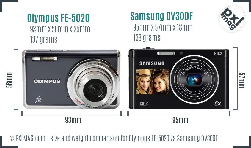 Olympus FE-5020 vs Samsung DV300F size comparison