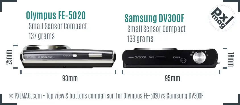 Olympus FE-5020 vs Samsung DV300F top view buttons comparison