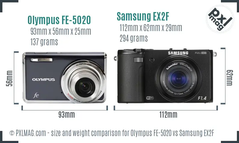 Olympus FE-5020 vs Samsung EX2F size comparison