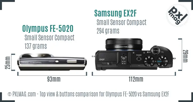 Olympus FE-5020 vs Samsung EX2F top view buttons comparison