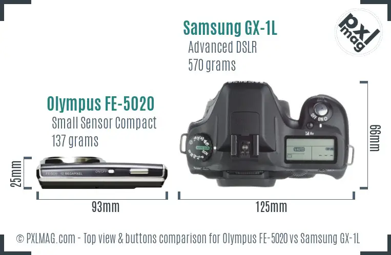 Olympus FE-5020 vs Samsung GX-1L top view buttons comparison Olympus FE-5020 vs Samsung GX-1L top view buttons comparison
