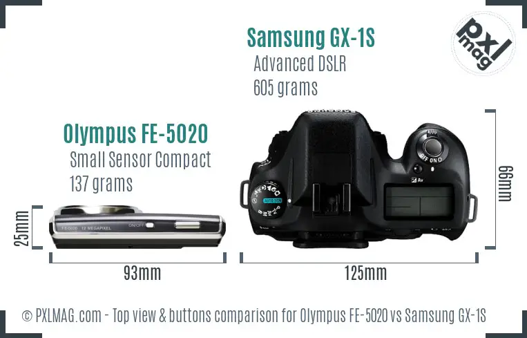 Olympus FE-5020 vs Samsung GX-1S top view buttons comparison Olympus FE-5020 vs Samsung GX-1S top view buttons comparison