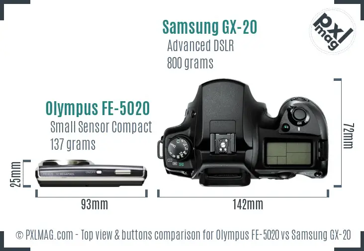 Olympus FE-5020 vs Samsung GX-20 top view buttons comparison