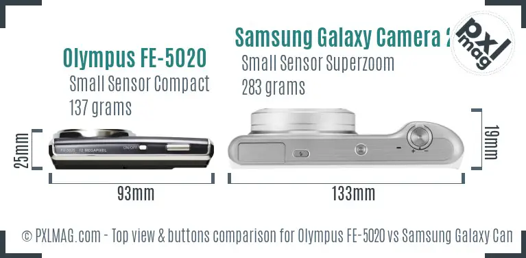 Olympus FE-5020 vs Samsung Galaxy Camera 2 top view buttons comparison Olympus FE-5020 vs Samsung Galaxy Camera 2 top view buttons comparison