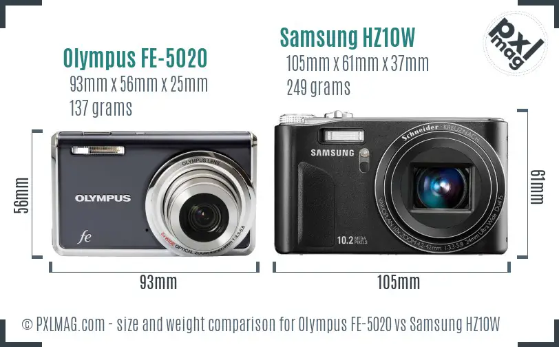 Olympus FE-5020 vs Samsung HZ10W size comparison