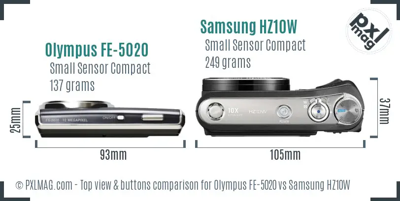 Olympus FE-5020 vs Samsung HZ10W top view buttons comparison