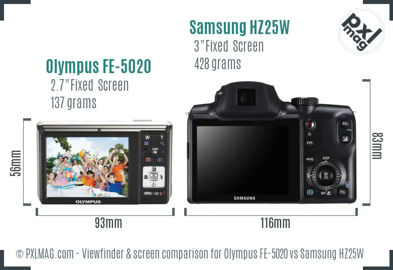 Olympus FE-5020 vs Samsung HZ25W Screen and Viewfinder comparison