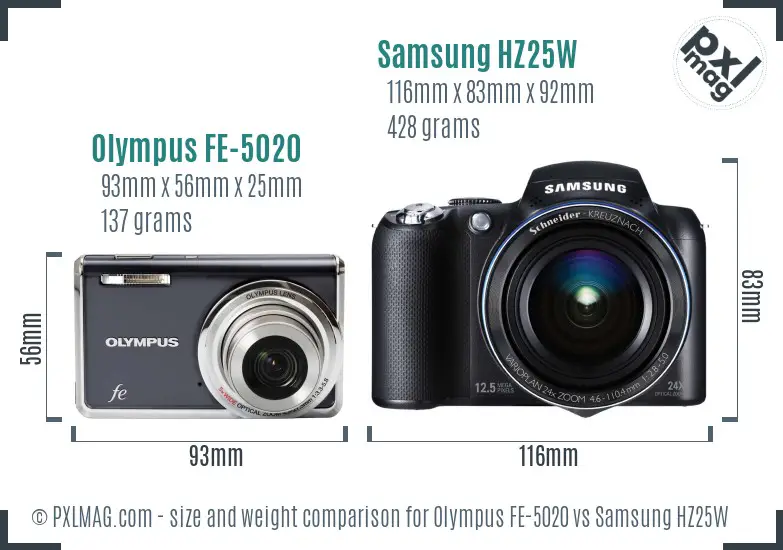 Olympus FE-5020 vs Samsung HZ25W size comparison