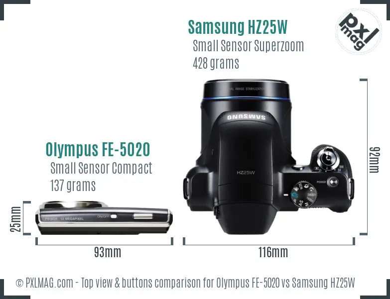 Olympus FE-5020 vs Samsung HZ25W top view buttons comparison