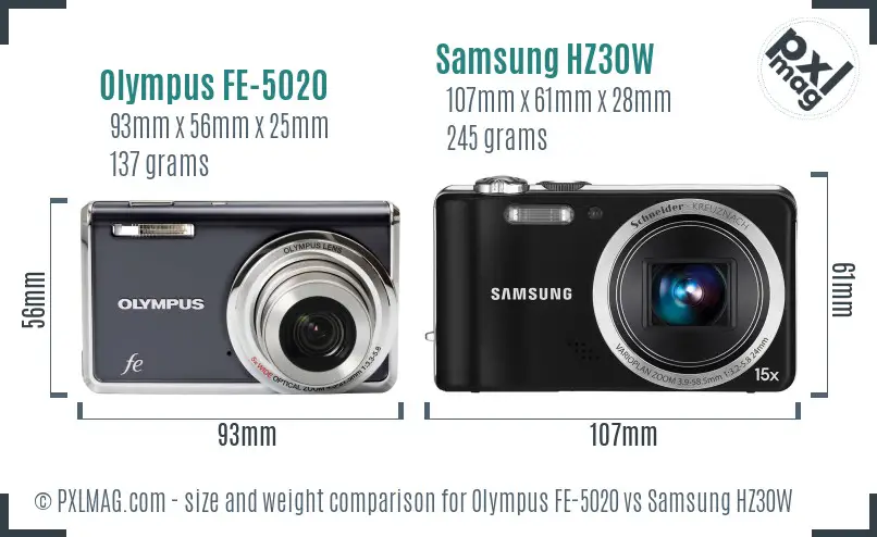 Olympus FE-5020 vs Samsung HZ30W size comparison