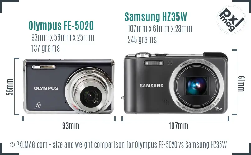 Olympus FE-5020 vs Samsung HZ35W size comparison