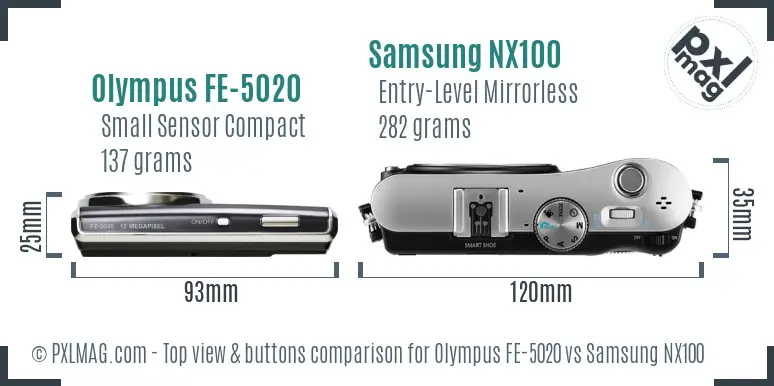 Olympus FE-5020 vs Samsung NX100 top view buttons comparison
