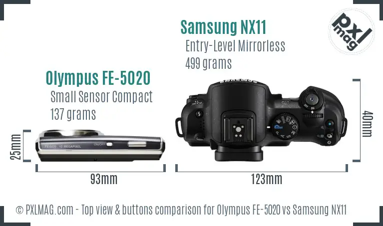 Olympus FE-5020 vs Samsung NX11 top view buttons comparison