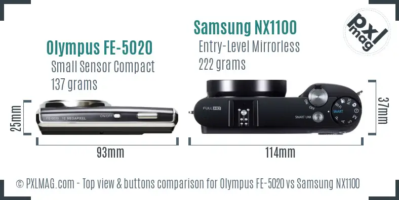 Olympus FE-5020 vs Samsung NX1100 top view buttons comparison