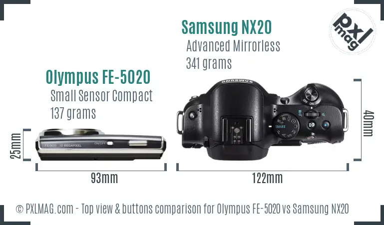 Olympus FE-5020 vs Samsung NX20 top view buttons comparison