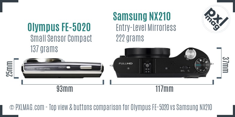Olympus FE-5020 vs Samsung NX210 top view buttons comparison