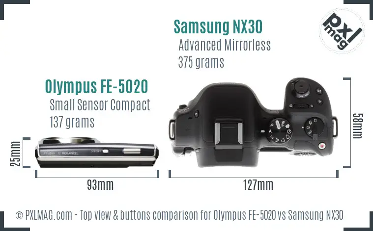 Olympus FE-5020 vs Samsung NX30 top view buttons comparison Olympus FE-5020 vs Samsung NX30 top view buttons comparison