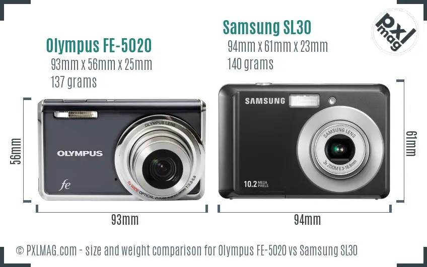 Olympus FE-5020 vs Samsung SL30 size comparison Olympus FE-5020 vs Samsung SL30 size comparison