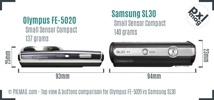Olympus FE-5020 vs Samsung SL30 top view buttons comparison Olympus FE-5020 vs Samsung SL30 top view buttons comparison