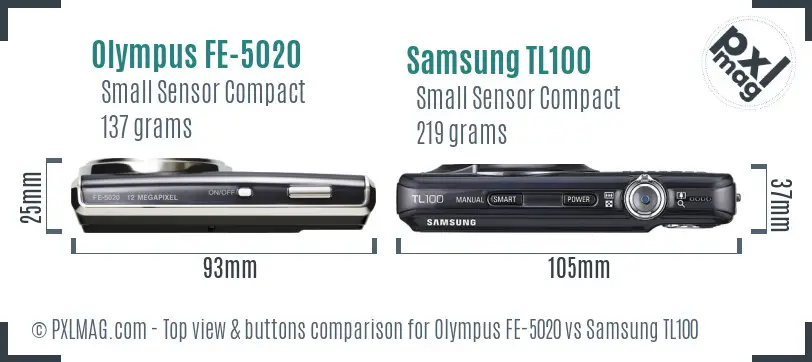 Olympus FE-5020 vs Samsung TL100 top view buttons comparison Olympus FE-5020 vs Samsung TL100 top view buttons comparison