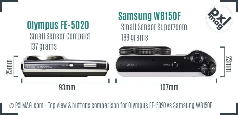 Olympus FE-5020 vs Samsung WB150F top view buttons comparison Olympus FE-5020 vs Samsung WB150F top view buttons comparison