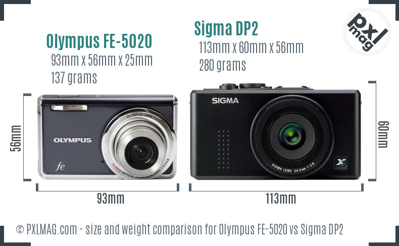 Olympus FE-5020 vs Sigma DP2 size comparison