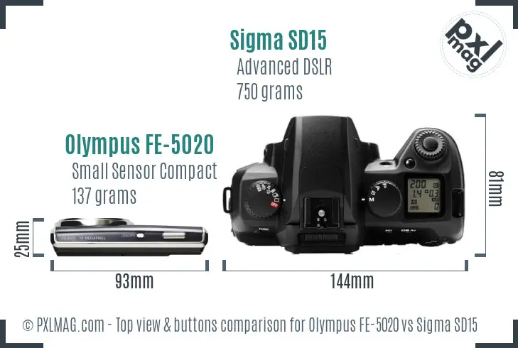 Olympus FE-5020 vs Sigma SD15 top view buttons comparison