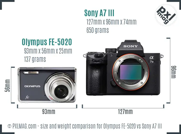 Olympus FE-5020 vs Sony A7 III size comparison