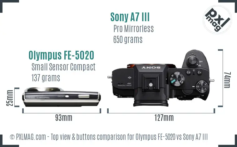 Olympus FE-5020 vs Sony A7 III top view buttons comparison