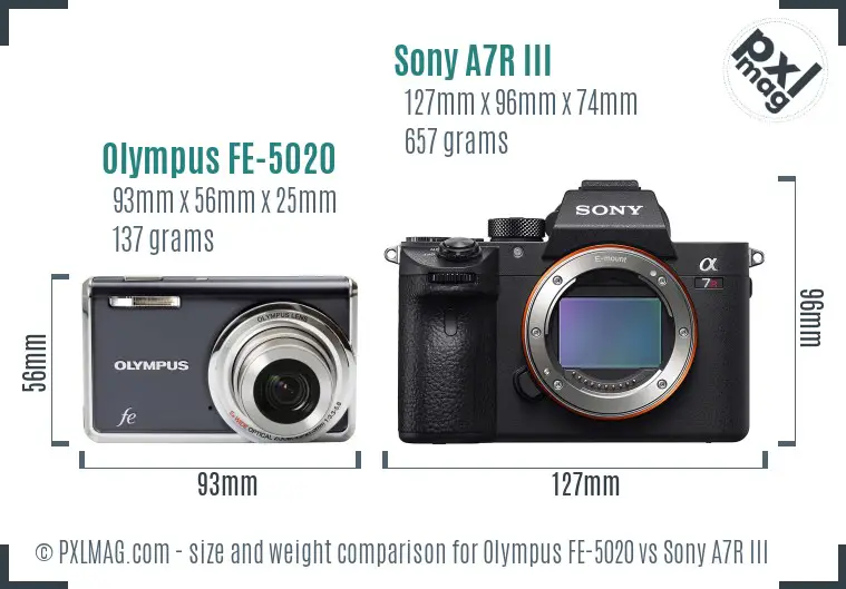 Olympus FE-5020 vs Sony A7R III size comparison