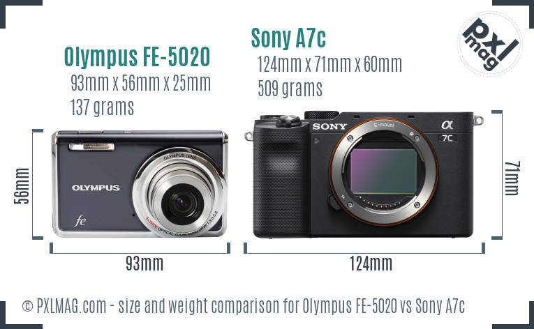 Olympus FE-5020 vs Sony A7c size comparison