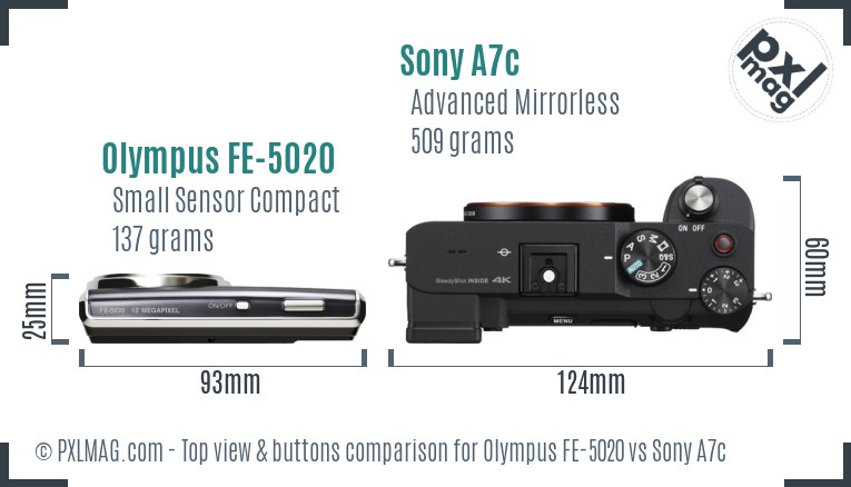 Olympus FE-5020 vs Sony A7c top view buttons comparison