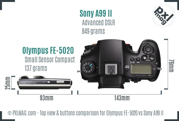 Olympus FE-5020 vs Sony A99 II top view buttons comparison